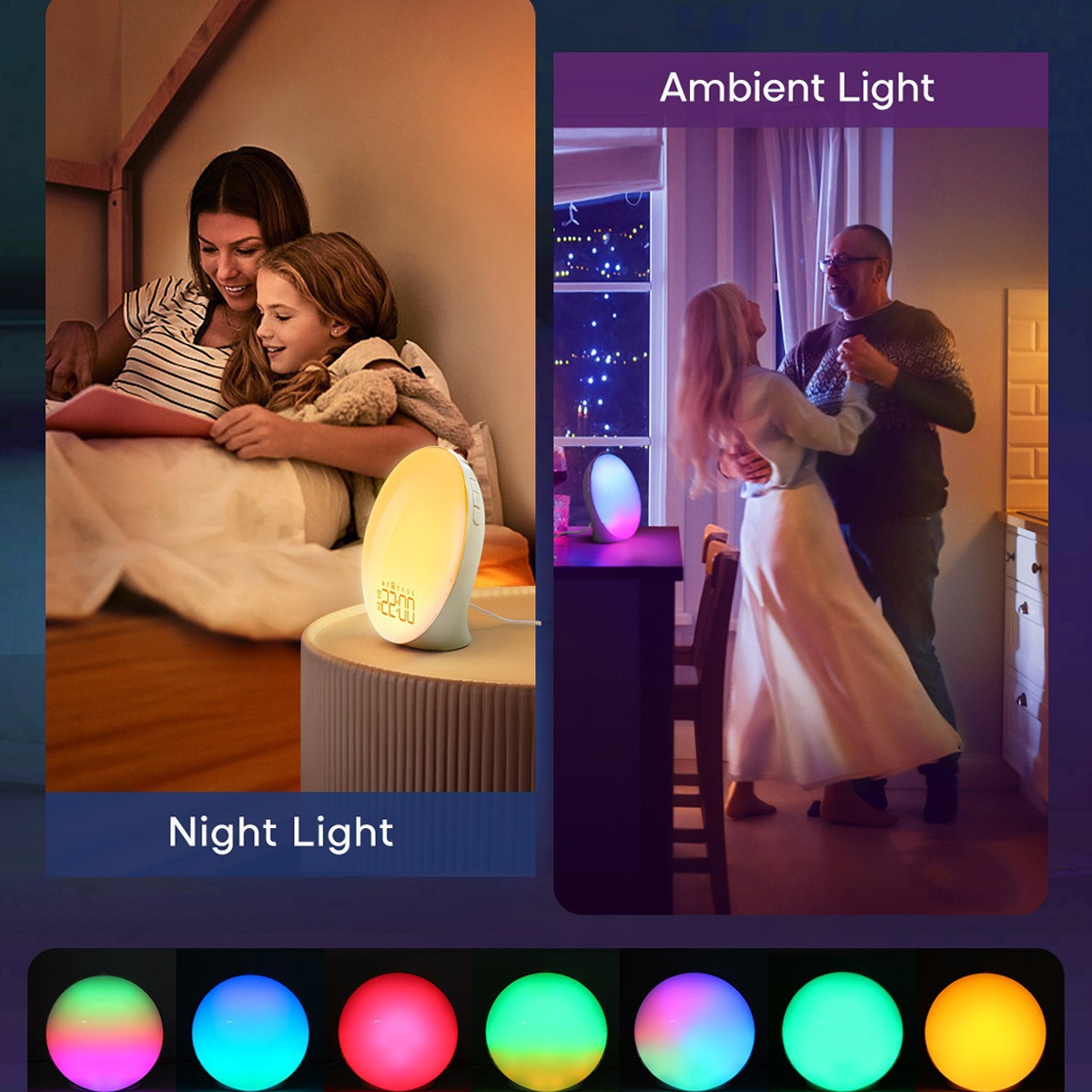 Nachtlicht mit Mutter und Kind, Ambient Light mit tanzendem Paar, Farboptionen.