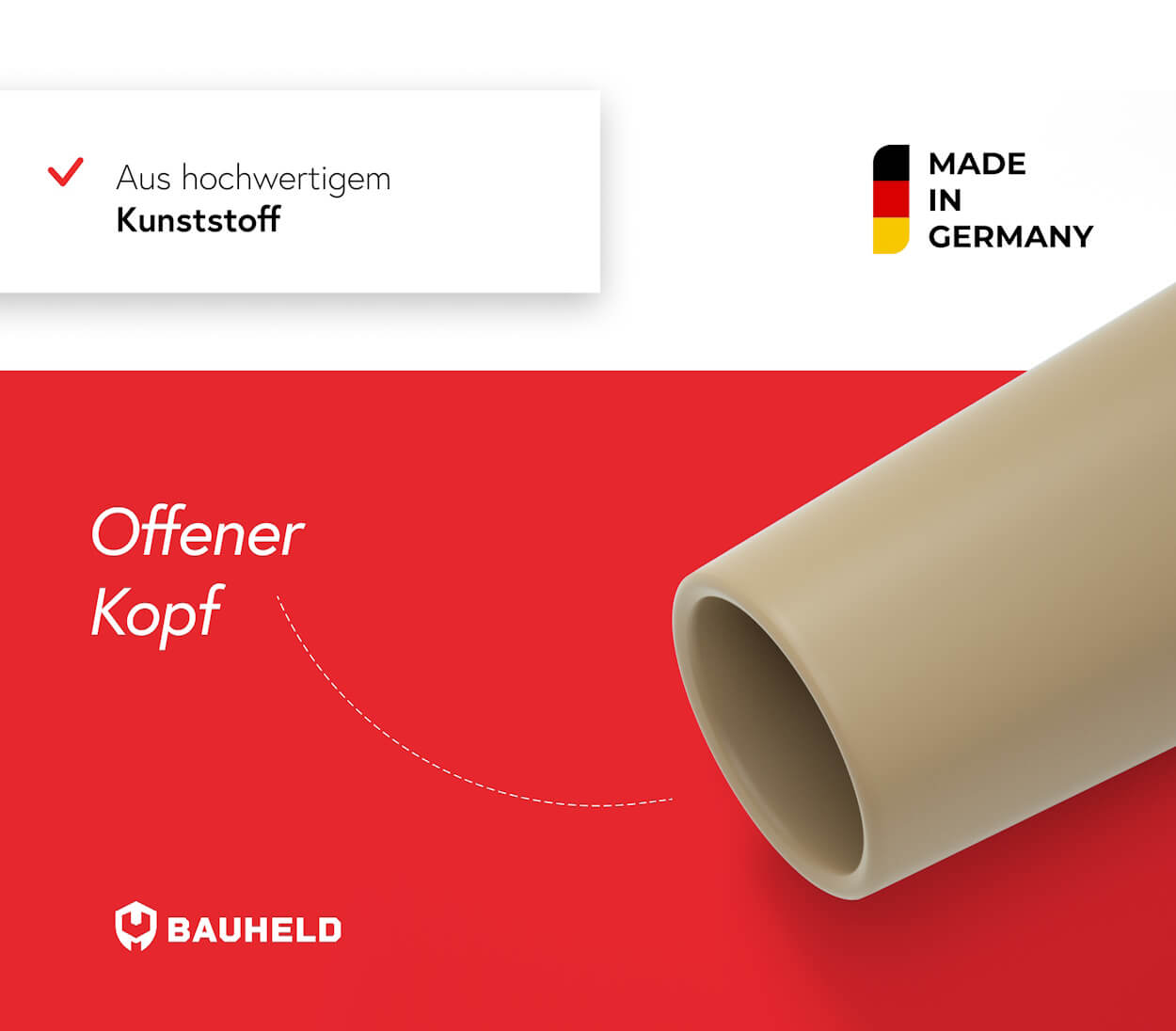 Beiger Kunststoffrohr-Abschnitt mit "Offener Kopf"-Beschriftung auf rotem Grund.