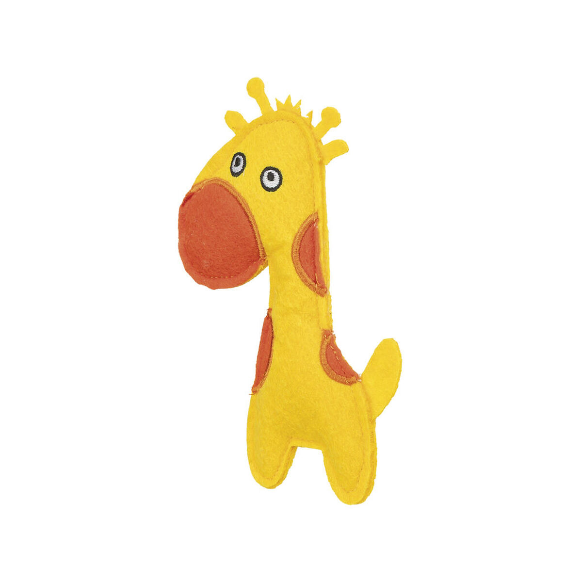 Ein gelbes Stoffgiraffenspielzeug mit orangefarbener Nase und Flecken.