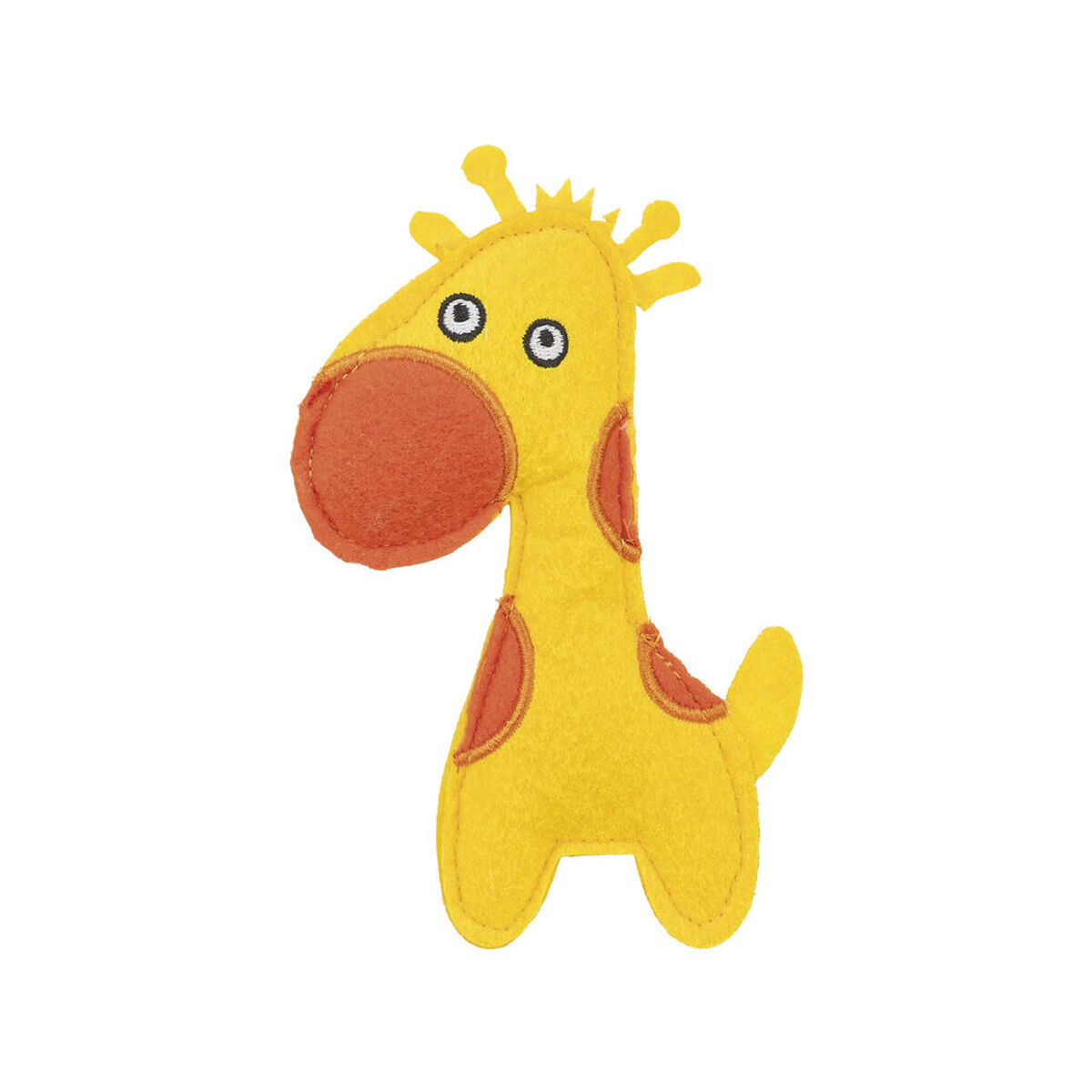 Ein gelbes Stoffgiraffenspielzeug mit orangen Flecken und Nase.