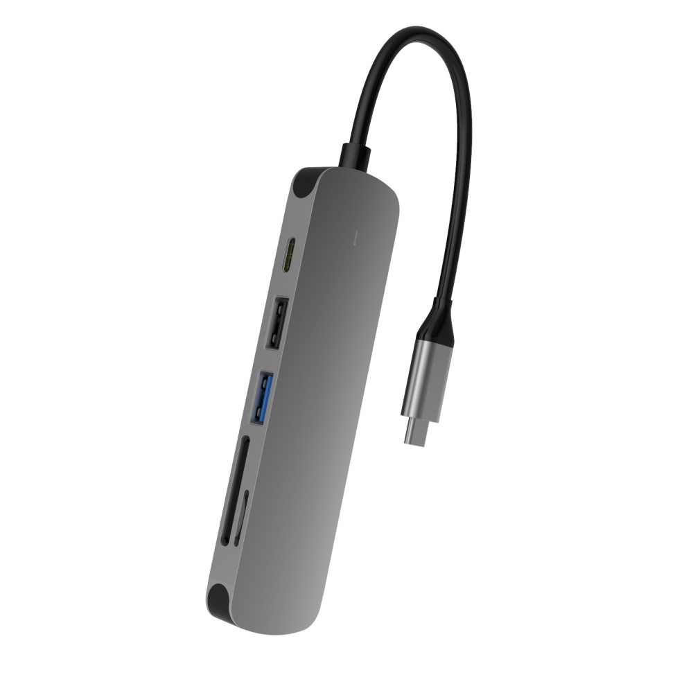 Hub USB-C grigio con più porte e cavo nero.