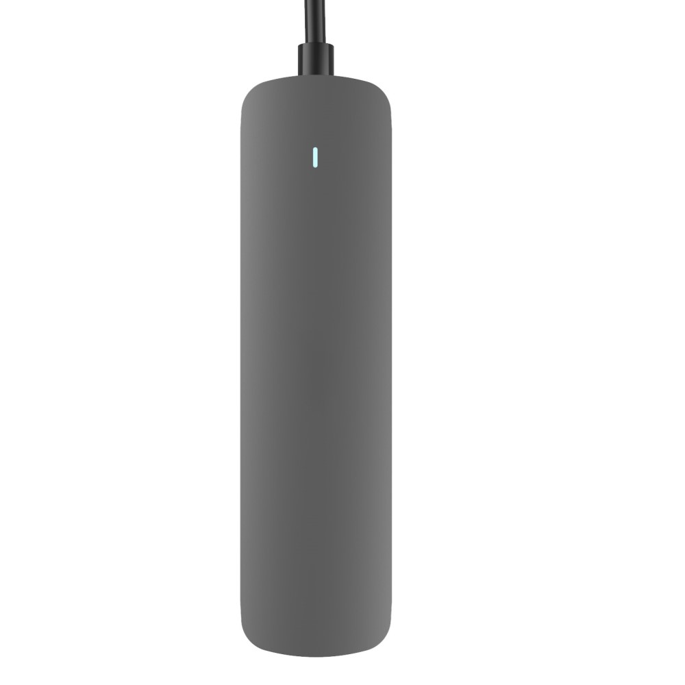 Un dispositivo cilindrico grigio con una striscia luminosa blu e connessione via cavo.