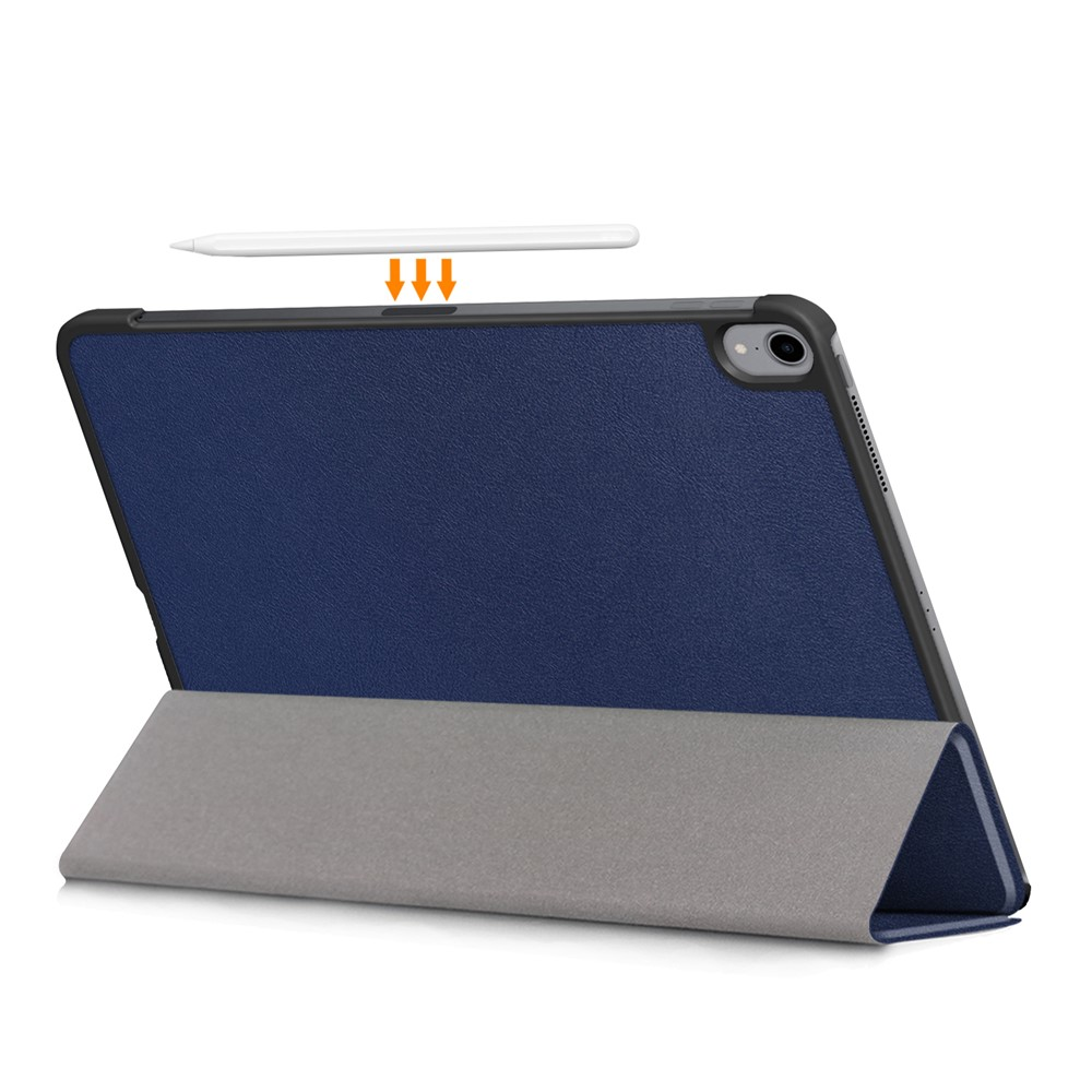 Un support de tablette bleu et gris avec support stylet.