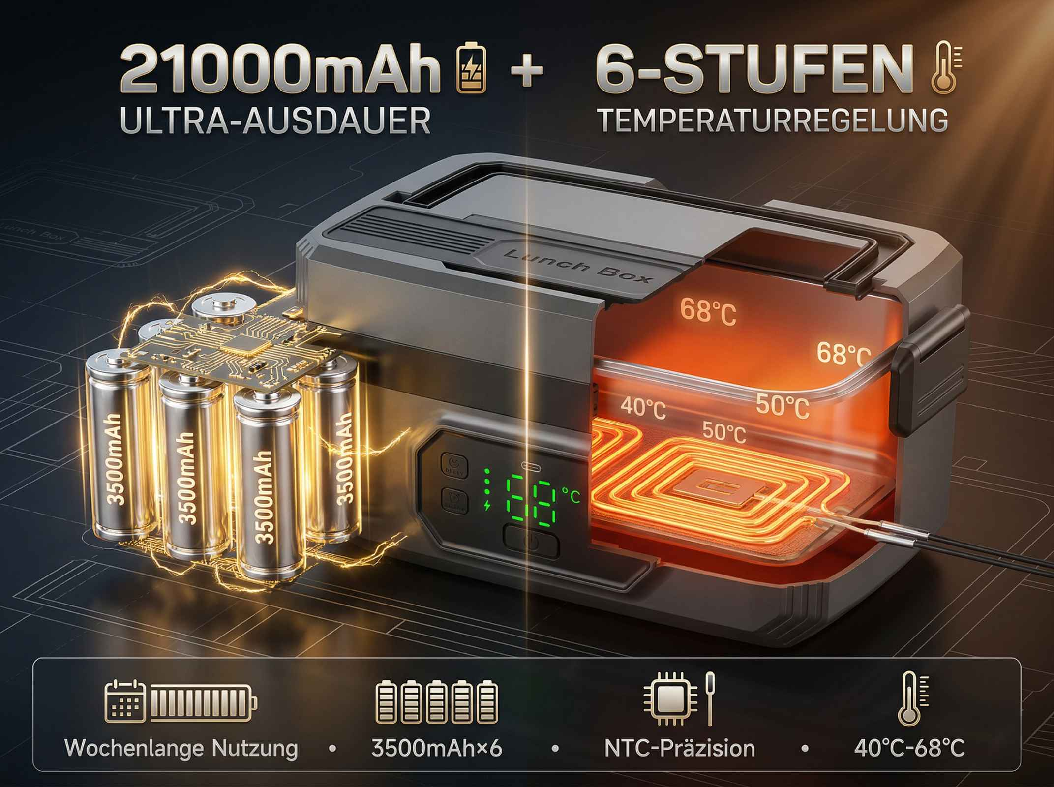 Ein tragbarer Lunchbox-Erwärmer mit 21000mAh Akku und 6 Temperaturstufen.
