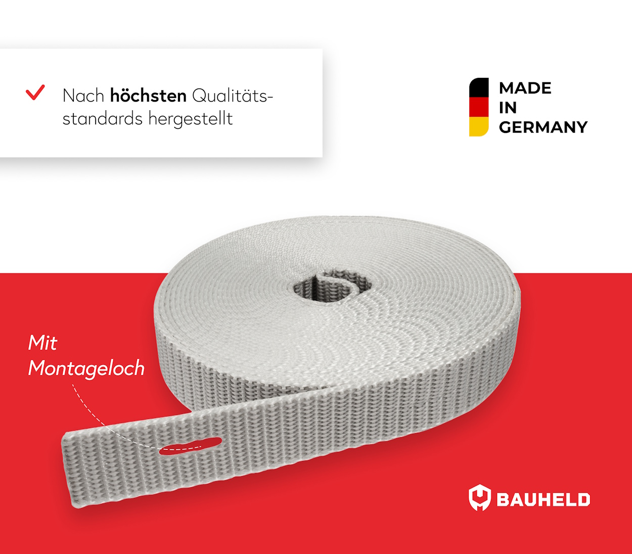 Graues Gewebeband mit Montageloch, Made in Germany.