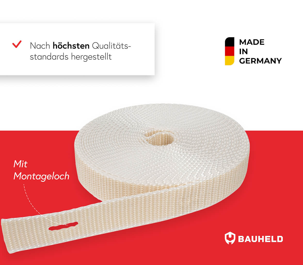 Ein weißes Band mit Montageloch, Made in Germany.
