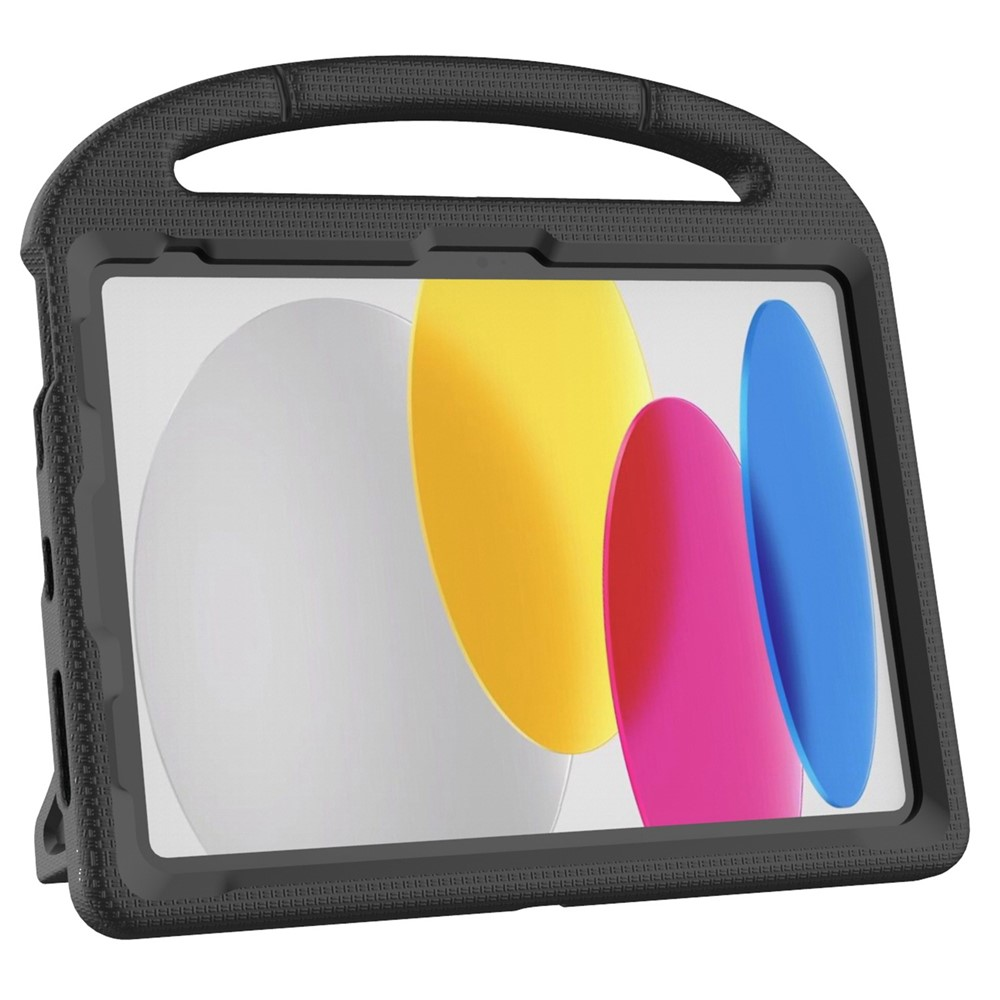 Schwarze Tablet-Hülle mit Griff und bunten Blasen auf dem Bildschirm.