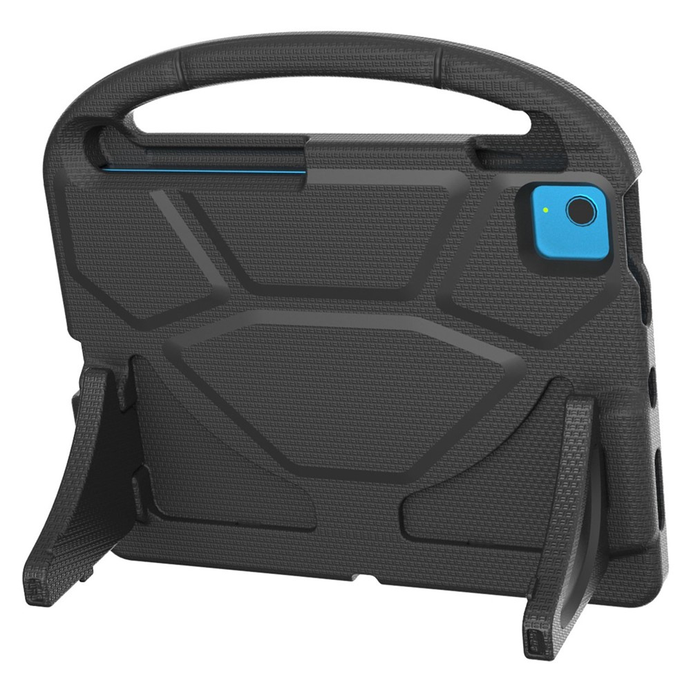 Schwarze Tablet-Hülle mit Griff und Ständer, blaue Kameraabdeckung.