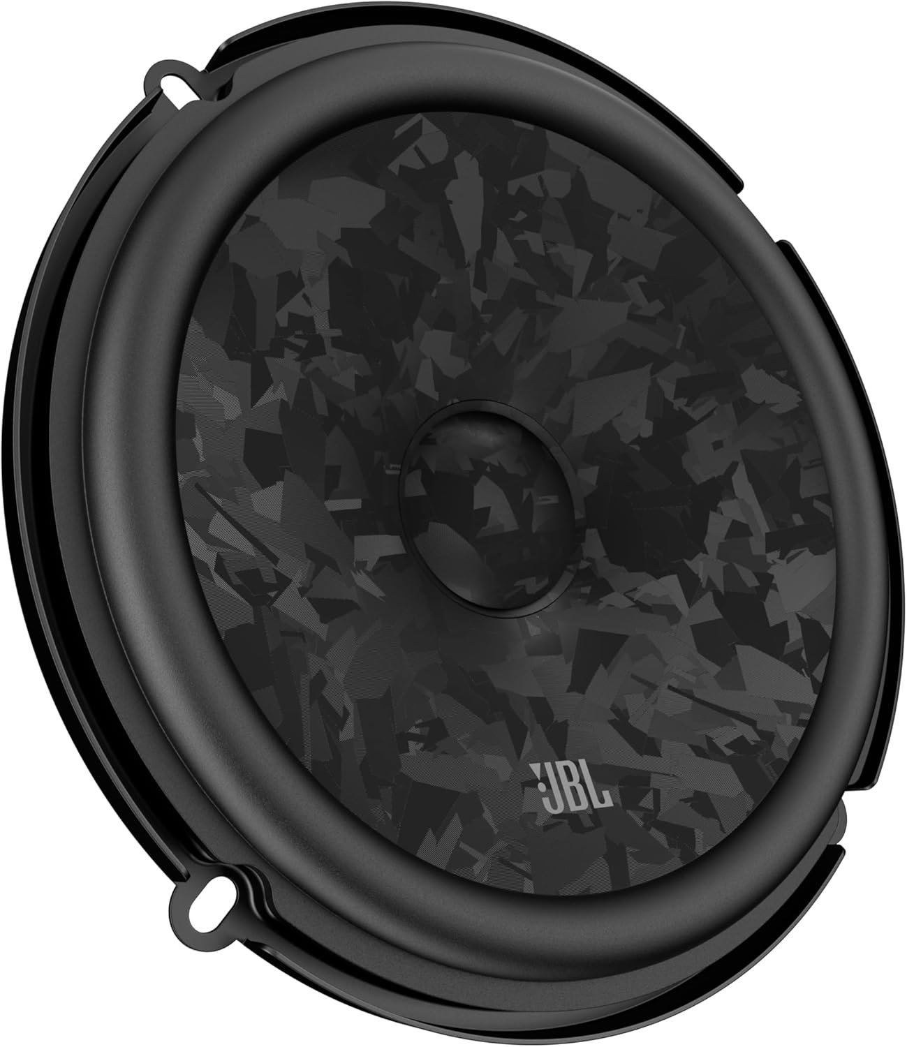 Schwarzer Lautsprecher mit JBL-Logo und zerkleinertem Muster auf der Membran.