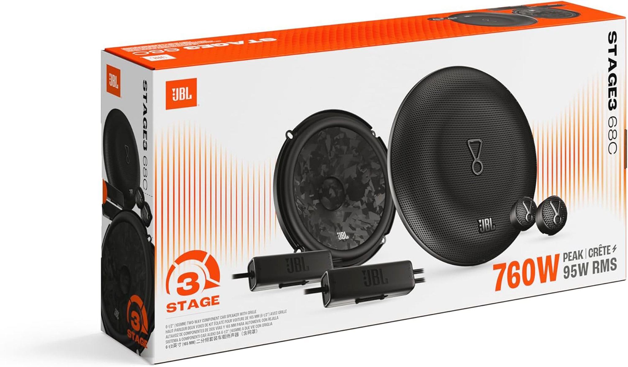 JBL Lautsprecherboxen mit 760W Peak, 95W RMS, schwarz, auf weißem Karton.