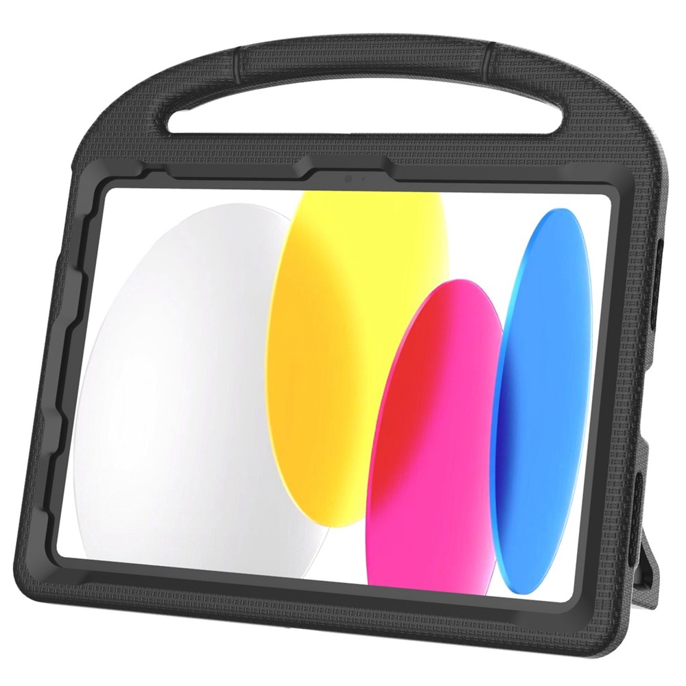 Schwarzer Tablet-Schutz mit Griff und Ständer, zeigt bunte abstrakte Formen auf dem Bildschirm.