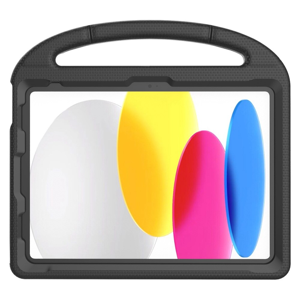 Schwarzes Tablet-Case mit Griff, zeigt bunte Kreise auf dem Bildschirm.