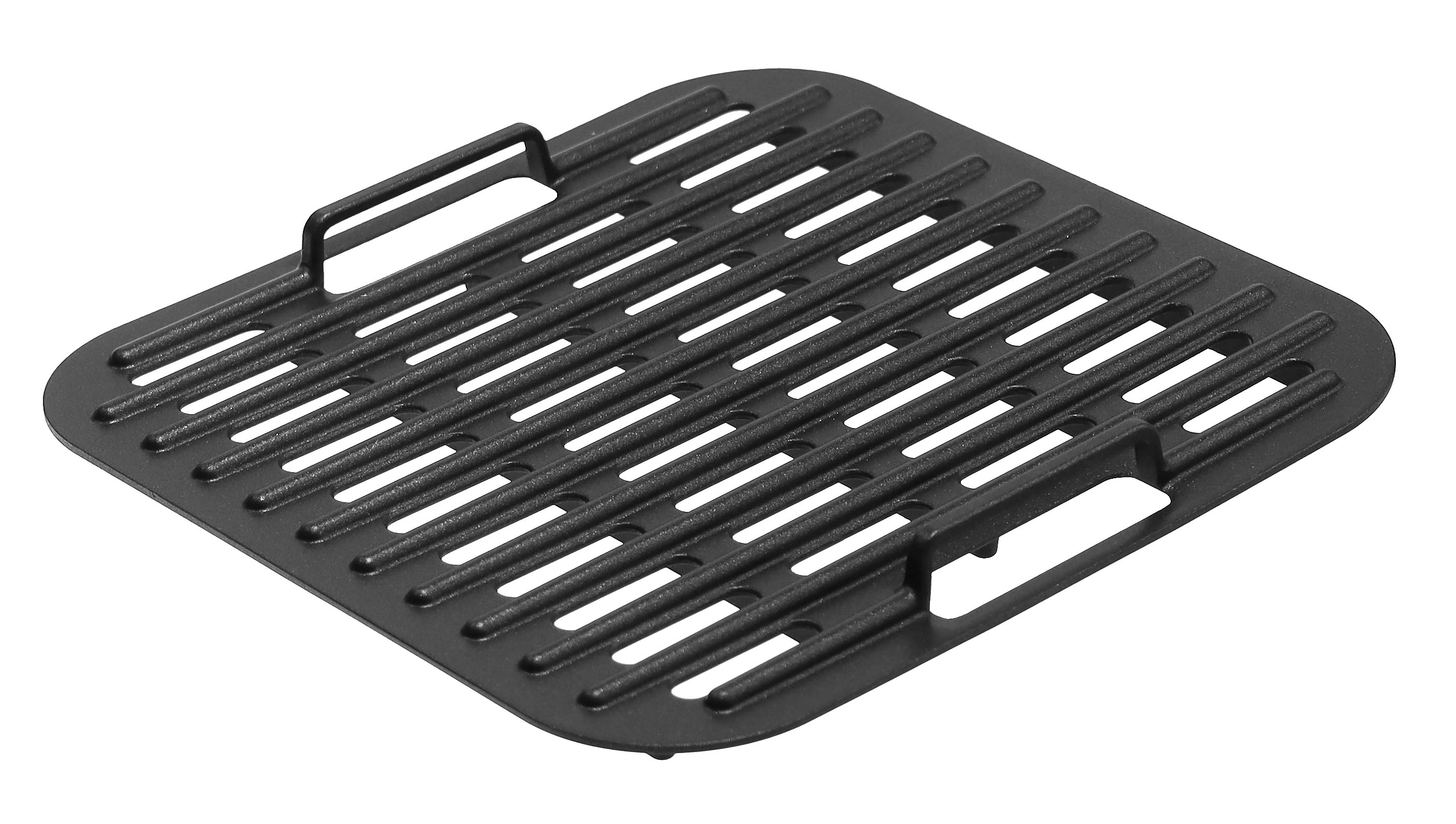 Schwarzer Grillrost mit Griffen und parallelen Streben.
