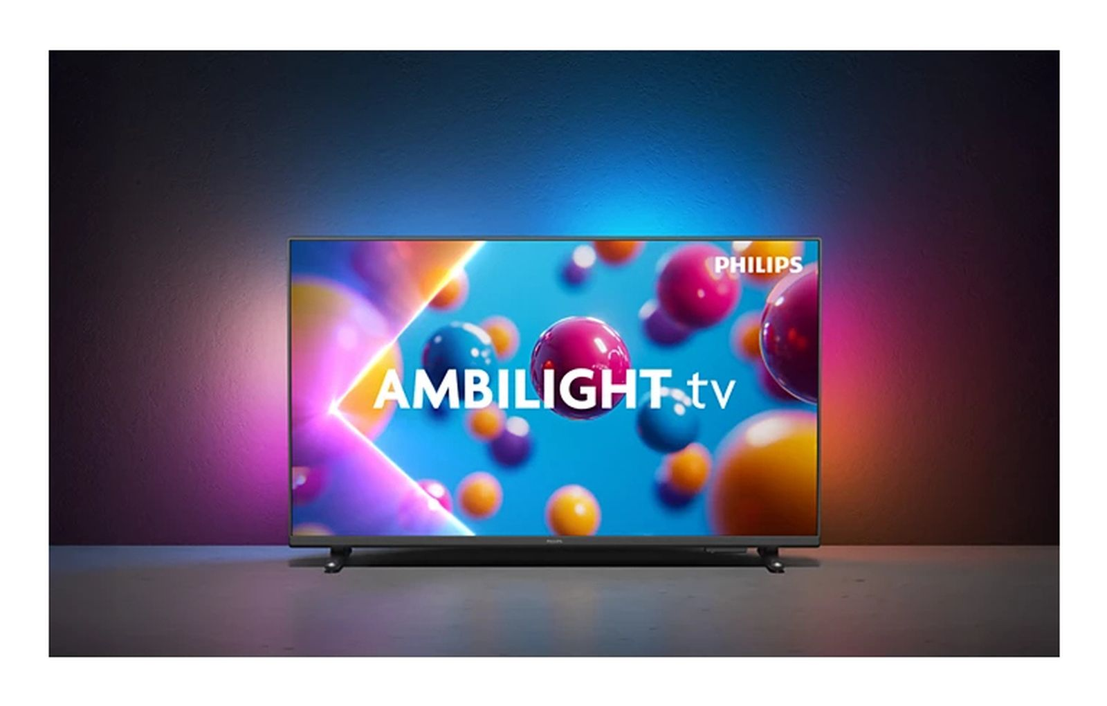 Telewizor Philips z logo Ambilight.tv i kolorowymi kulkami na ekranie.