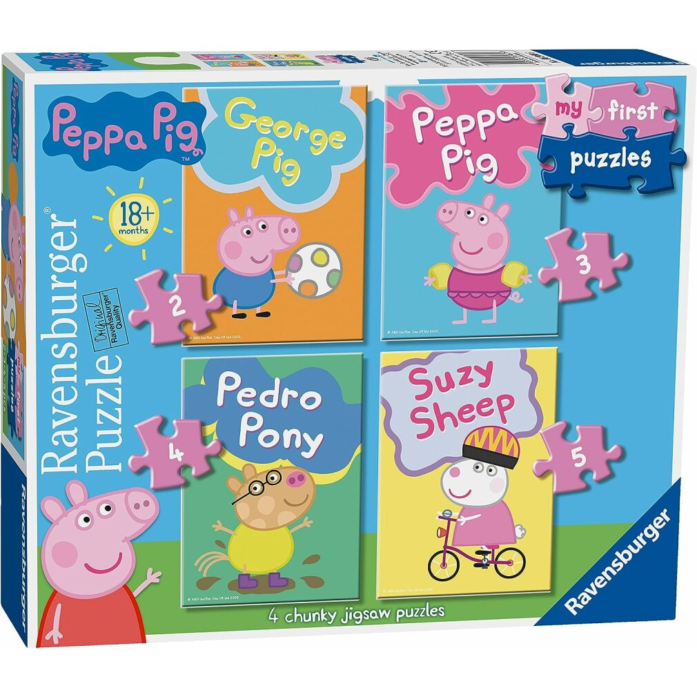 Scatola puzzle Peppa Pig con 4 puzzle: George, Peppa, Pedro Pony, Suzy Sheep.