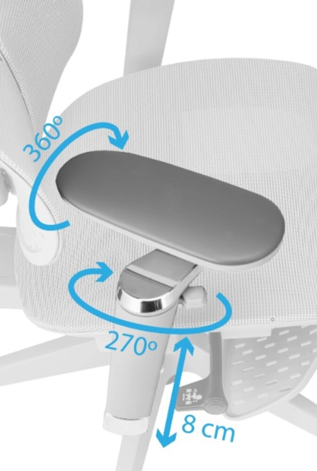 Białe krzesło z szarym podłokietnikiem, obrót 360° i 270°, regulacja wys. 8 cm.