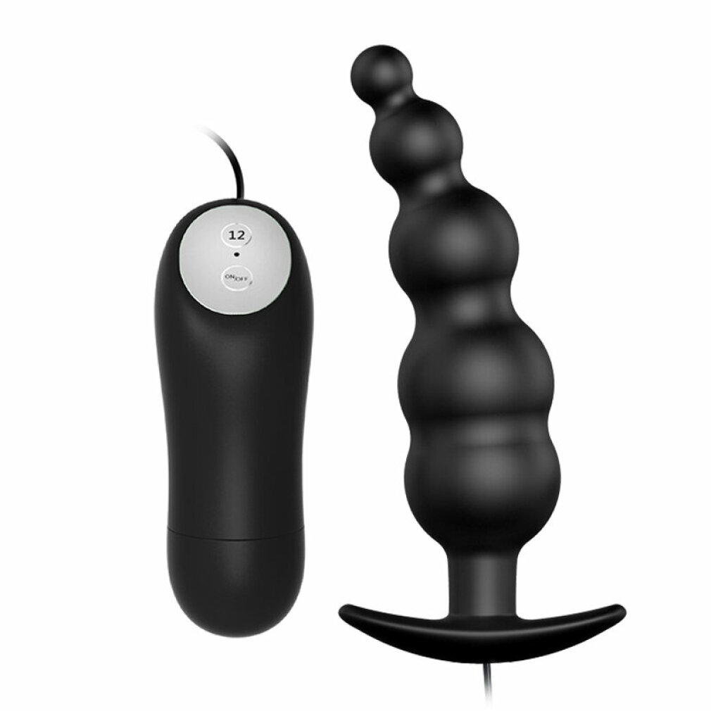 Schwarzer externer Vibrator mit gerilltem Ende und Fernbedienung.