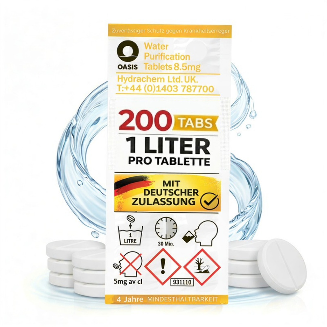 Packung mit 200 Oasis Wasserreinigungstabletten, 8.5mg, für 1 Liter pro Tablette.