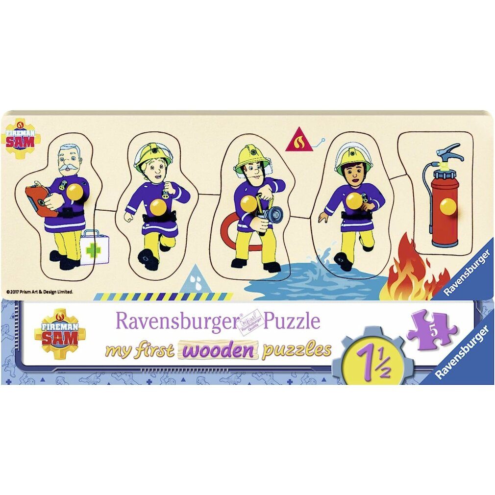 Puzzle in legno Sam il pompiere con 4 figure, estintore e fiamme.
