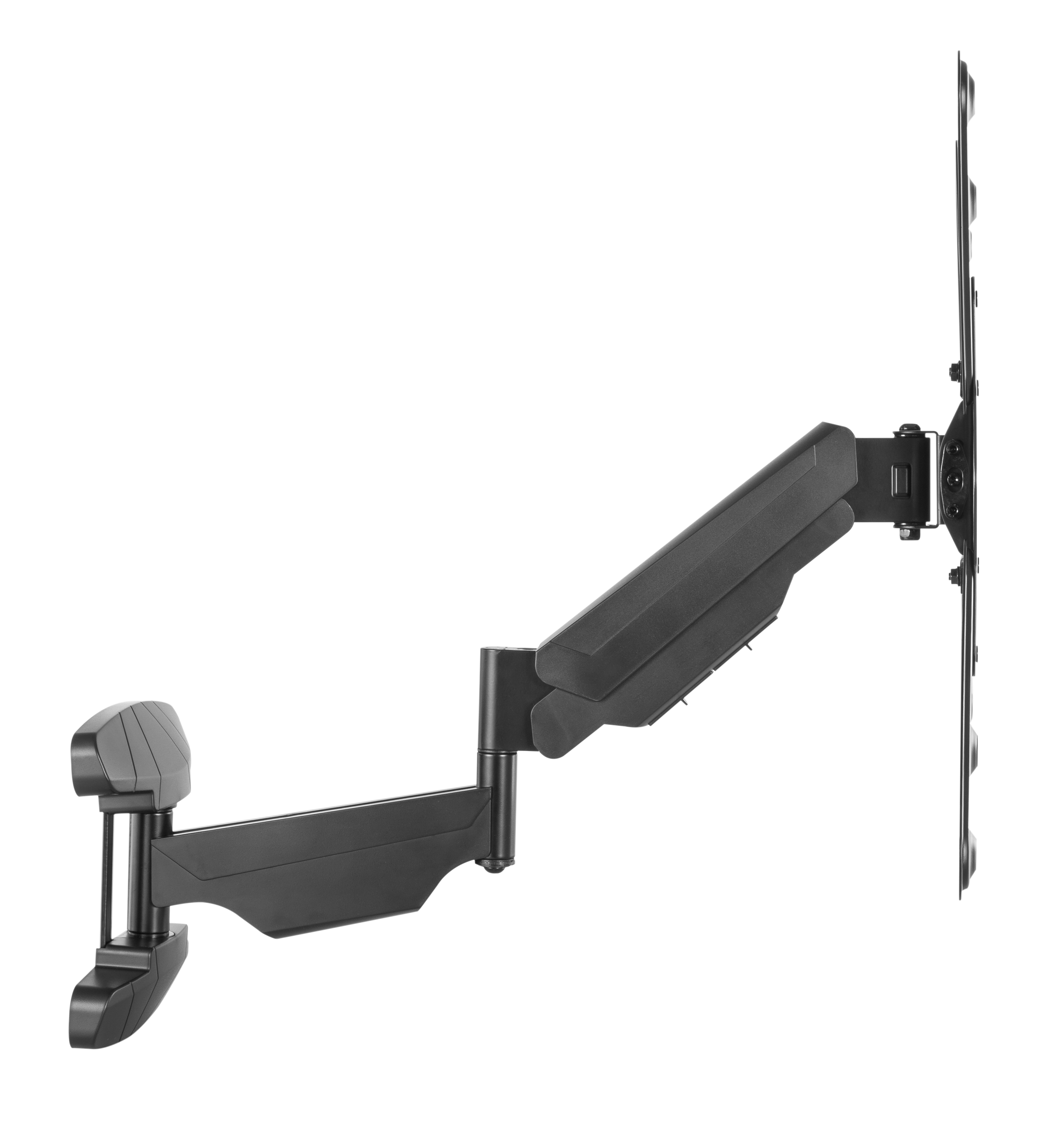 Schwarzer, verstellbarer Monitorarm mit Gasdruckfeder und Wandhalterung.