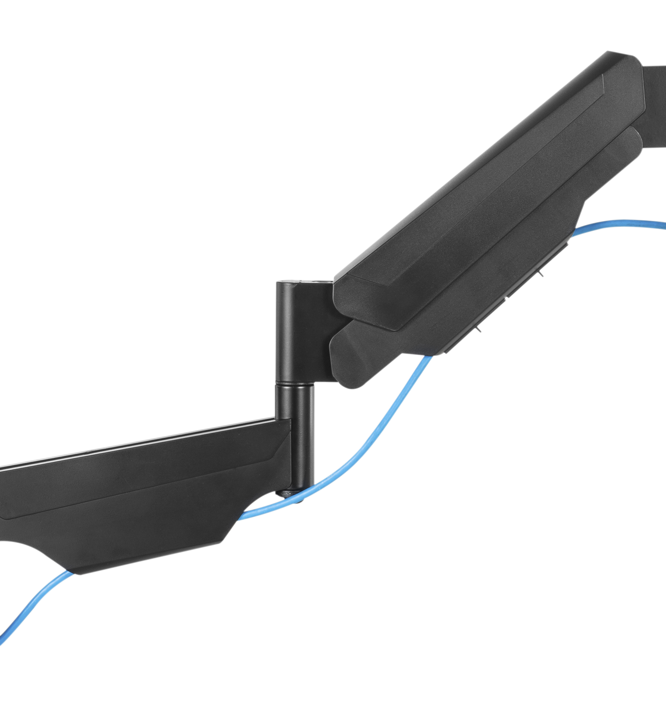 Ein schwarzer Monitorarm mit blauem Kabel, freigestellt auf weißem Grund.