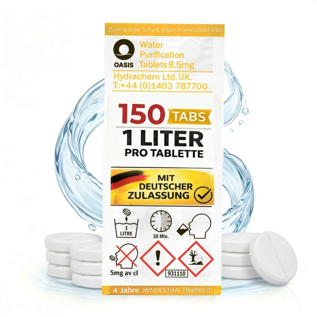 Oasis Wasserentkeimungstabletten: 150 Stück für 1 Liter, deutsche Zulassung.