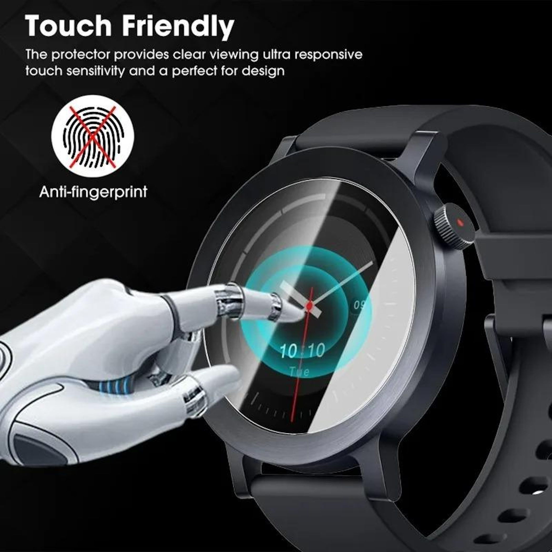 Un dito robotico tocca lo schermo di uno smartwatch che mostra le 10:10.