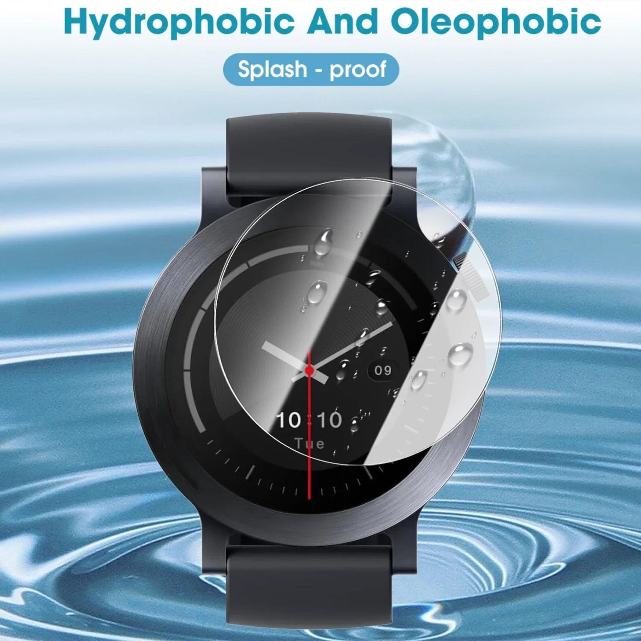 Uno smartwatch con proteggi schermo che mostra gocce d'acqua. Resistente agli schizzi.
