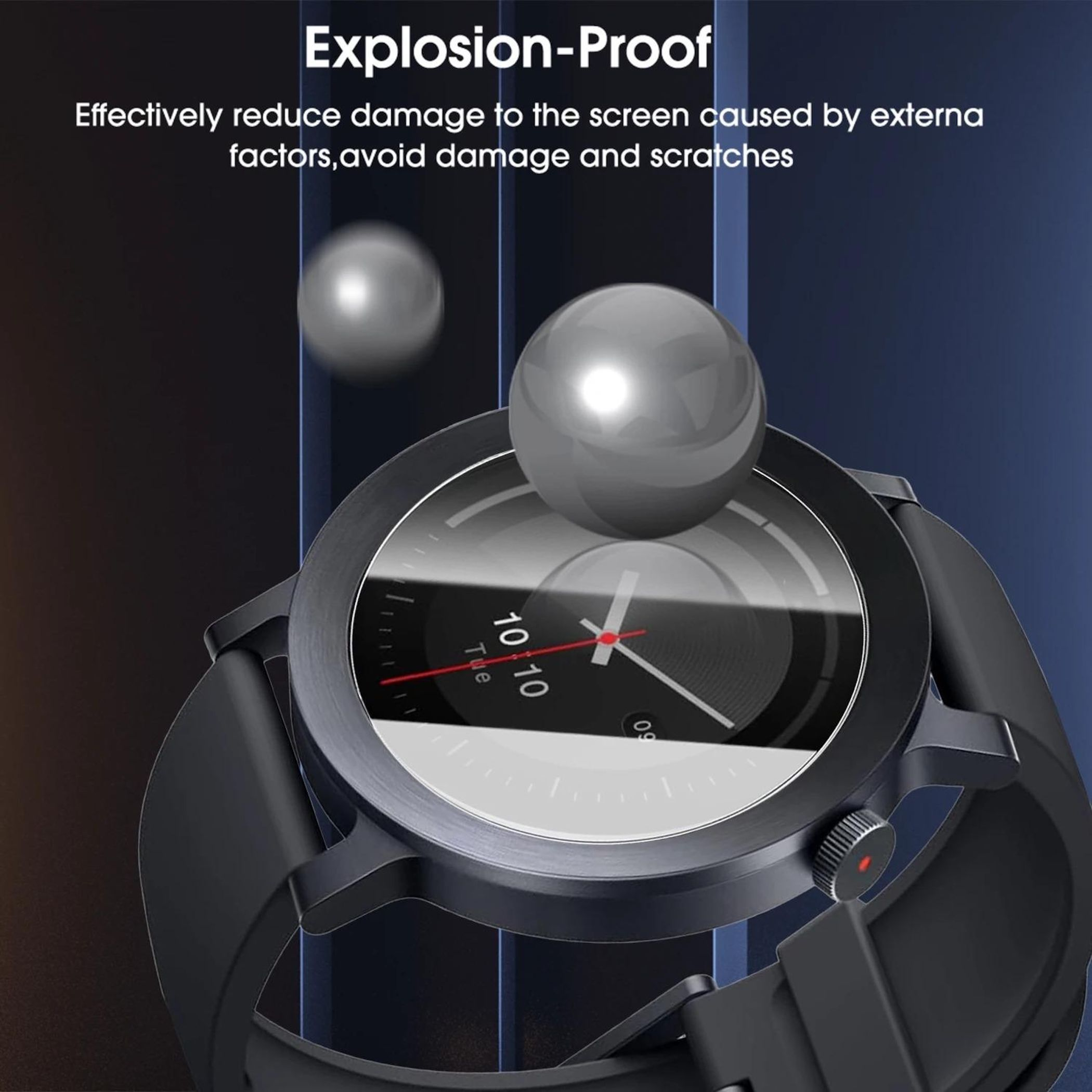 Un display di smartwatch nero con sfere grigie che lo circondano.