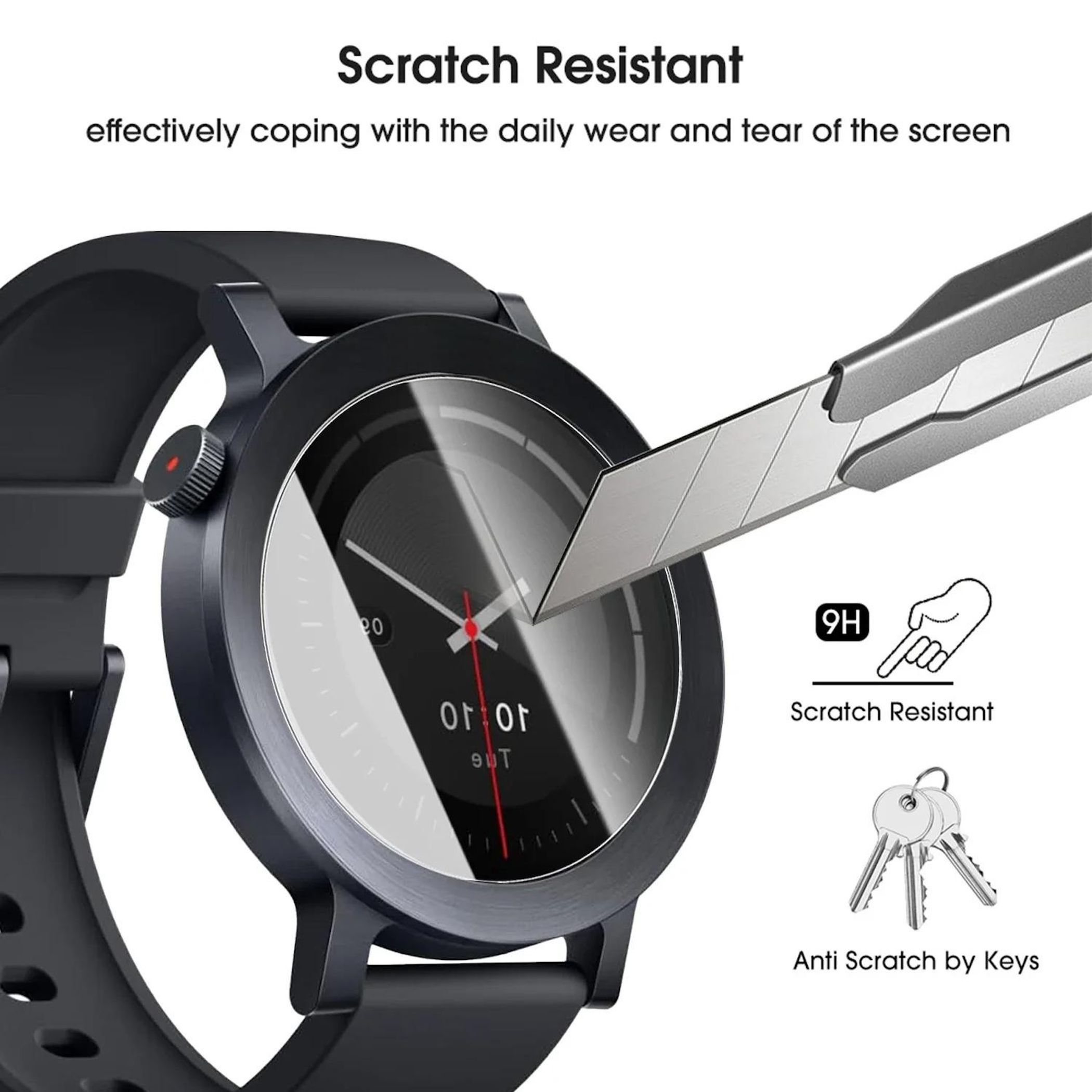 Lo schermo di uno smartwatch viene graffiato da una lama. Sotto sono visibili delle chiavi.