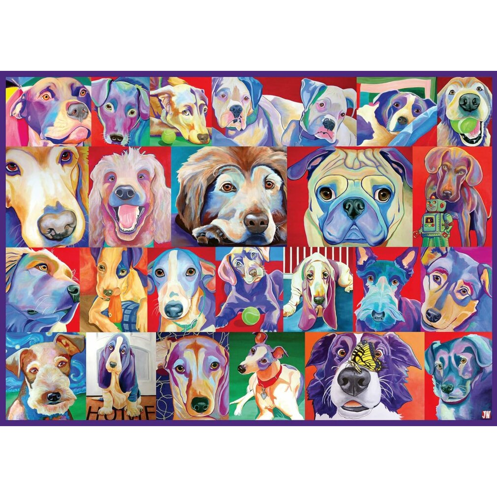 Collage di ritratti di cani dai colori vivaci, su sfondi rossi e blu.