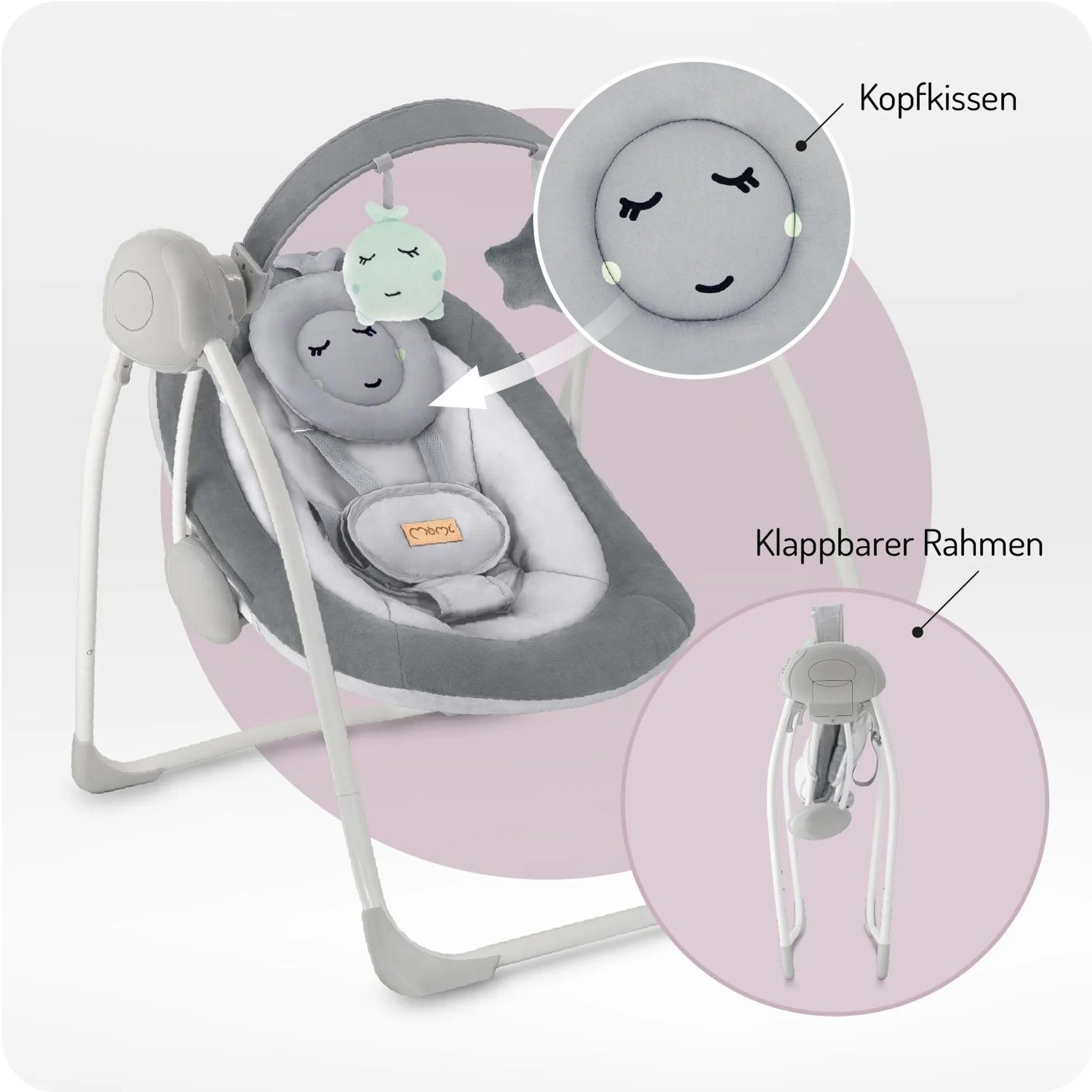 Graue Babywippe mit Spielzeug und hervorgehobenen Funktionen wie Kopfkissen und klappbarem Rahmen.