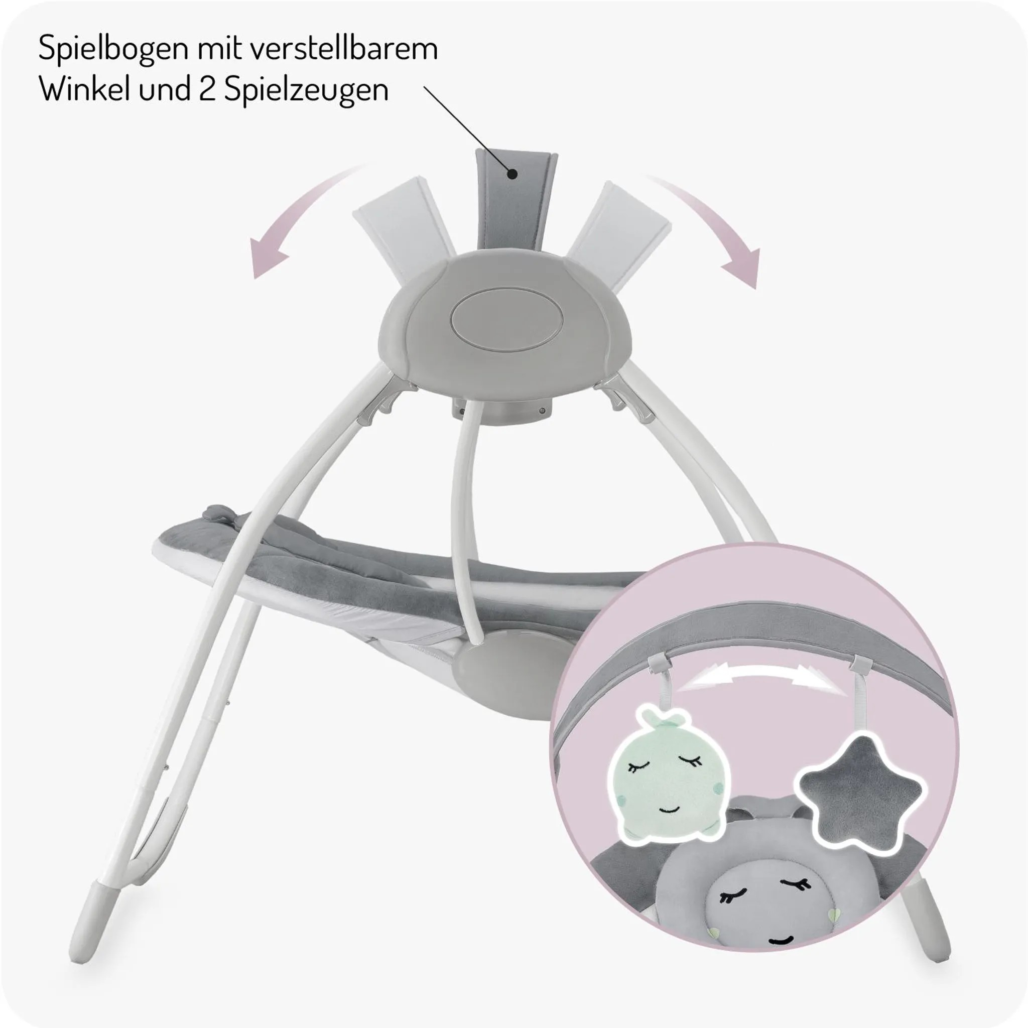 Ein Baby-Schaukelstuhl mit Spielbogen, der zwei Spielzeuge hat.