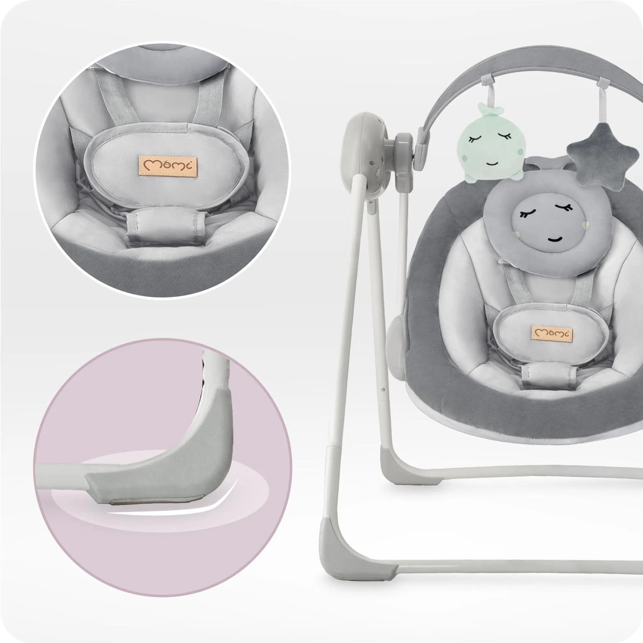 Grauer Babyschaukel mit Spielzeug und Sicherheitsgurt. Detailansichten.