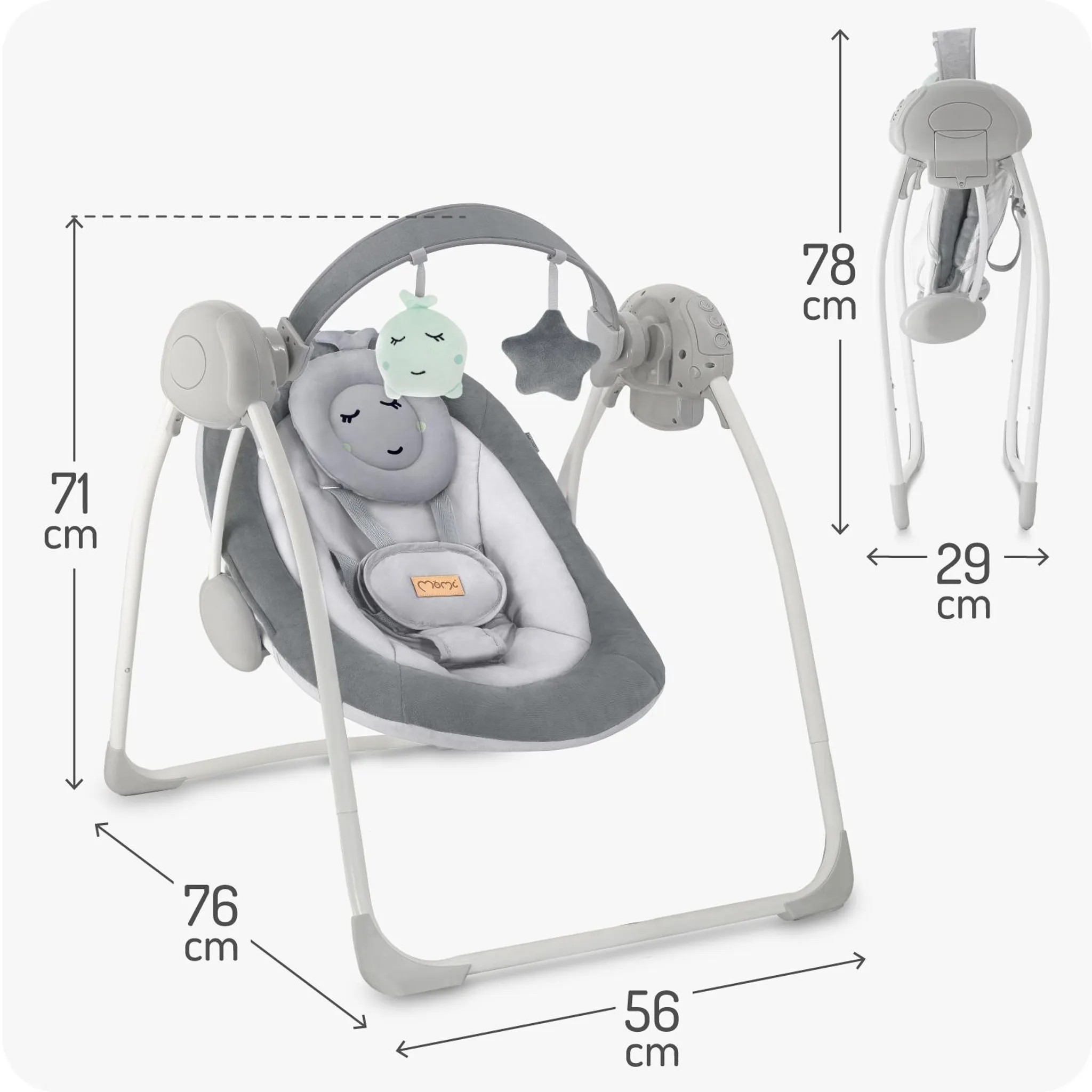Ein grauer Babywippen-Stuhl mit Spielzeug und Maßangaben.