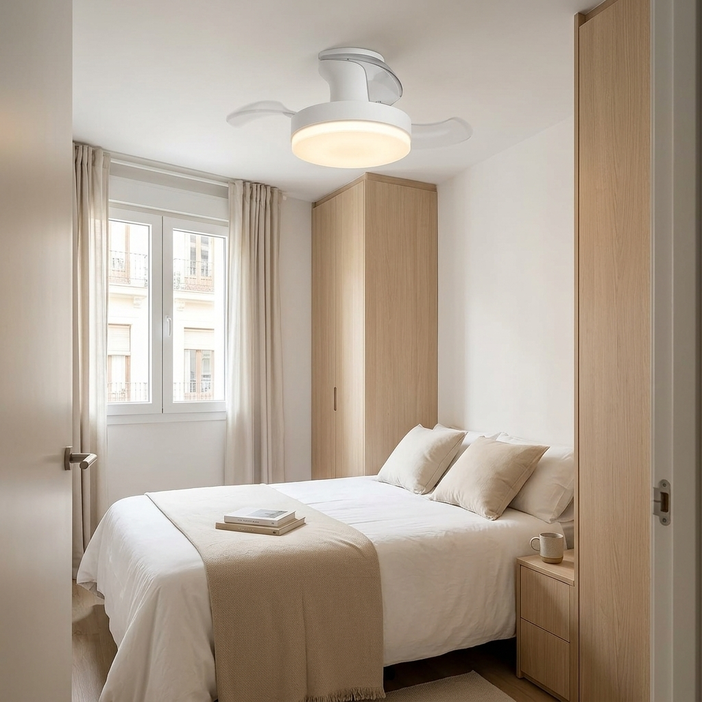 Un dormitorio con cama, dos armarios, ventana y ventilador de techo con luz.