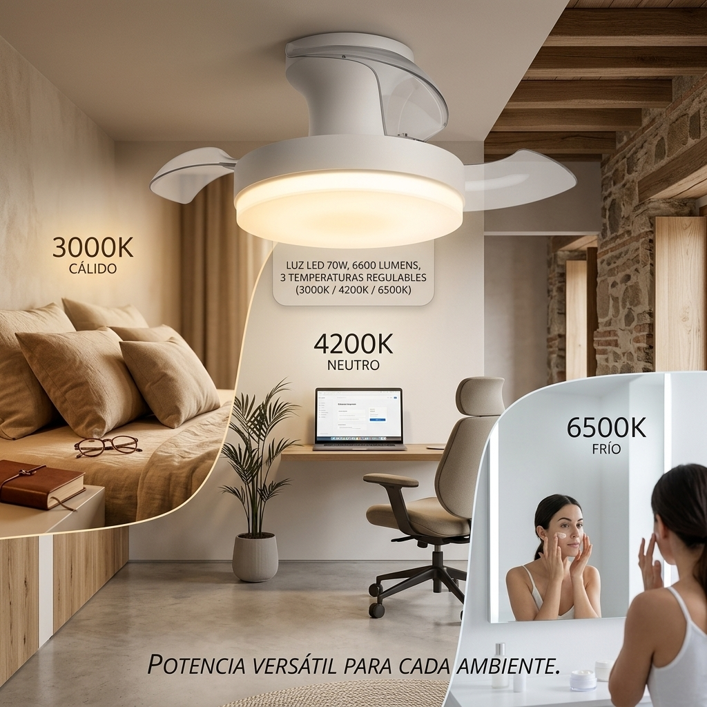 Ventilador de techo con luz en 3000K, 4200K, 6500K en dormitorio y oficina.