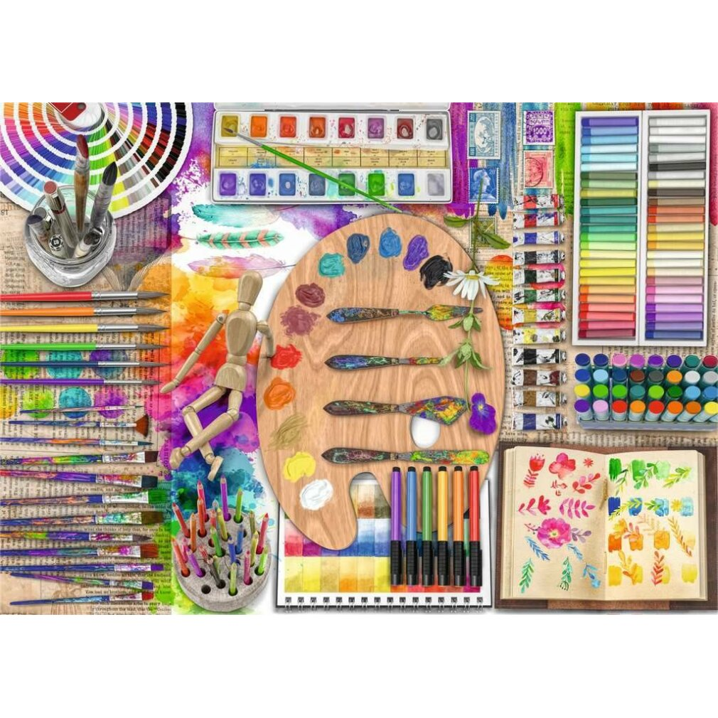 Tavolozza da artista con colori, pennelli, spatole e un manichino di legno.