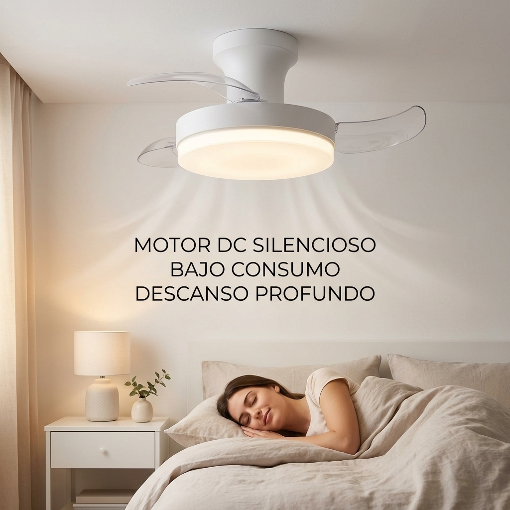Una mujer duerme plácidamente en la cama bajo un ventilador de techo con luz.