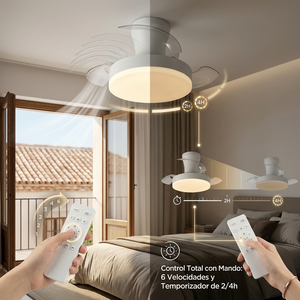 Un ventilador de techo con luz sobre una cama, mandos a distancia en manos.