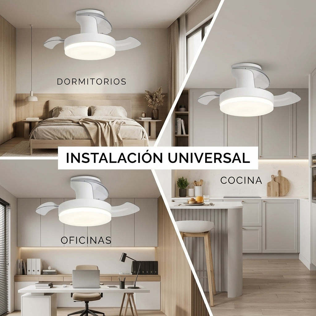 Ventilador de techo con luz en dormitorio, cocina y oficina.