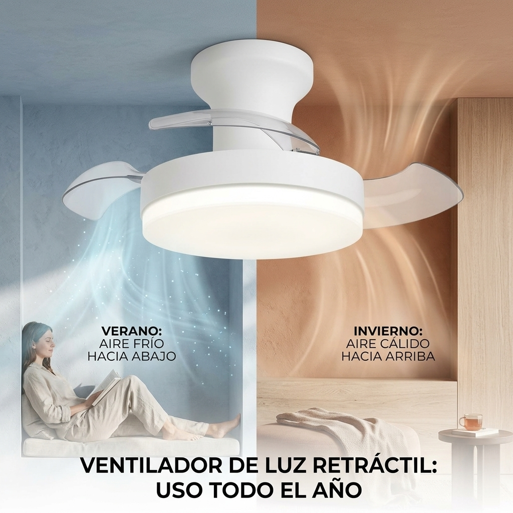 Ventilador de techo blanco con luz, que expulsa aire frío hacia abajo en verano y aire cálido hacia arriba en invierno.