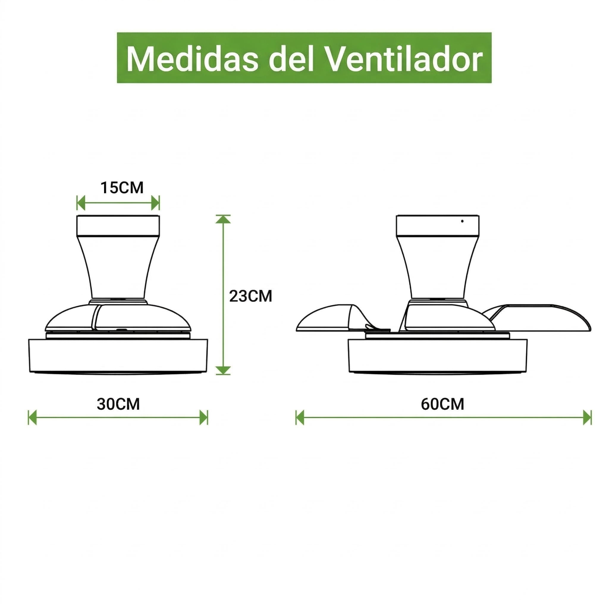 Diagrama de un ventilador con medidas: 15cm ancho, 23cm alto, 30cm base y 60cm con aspas.