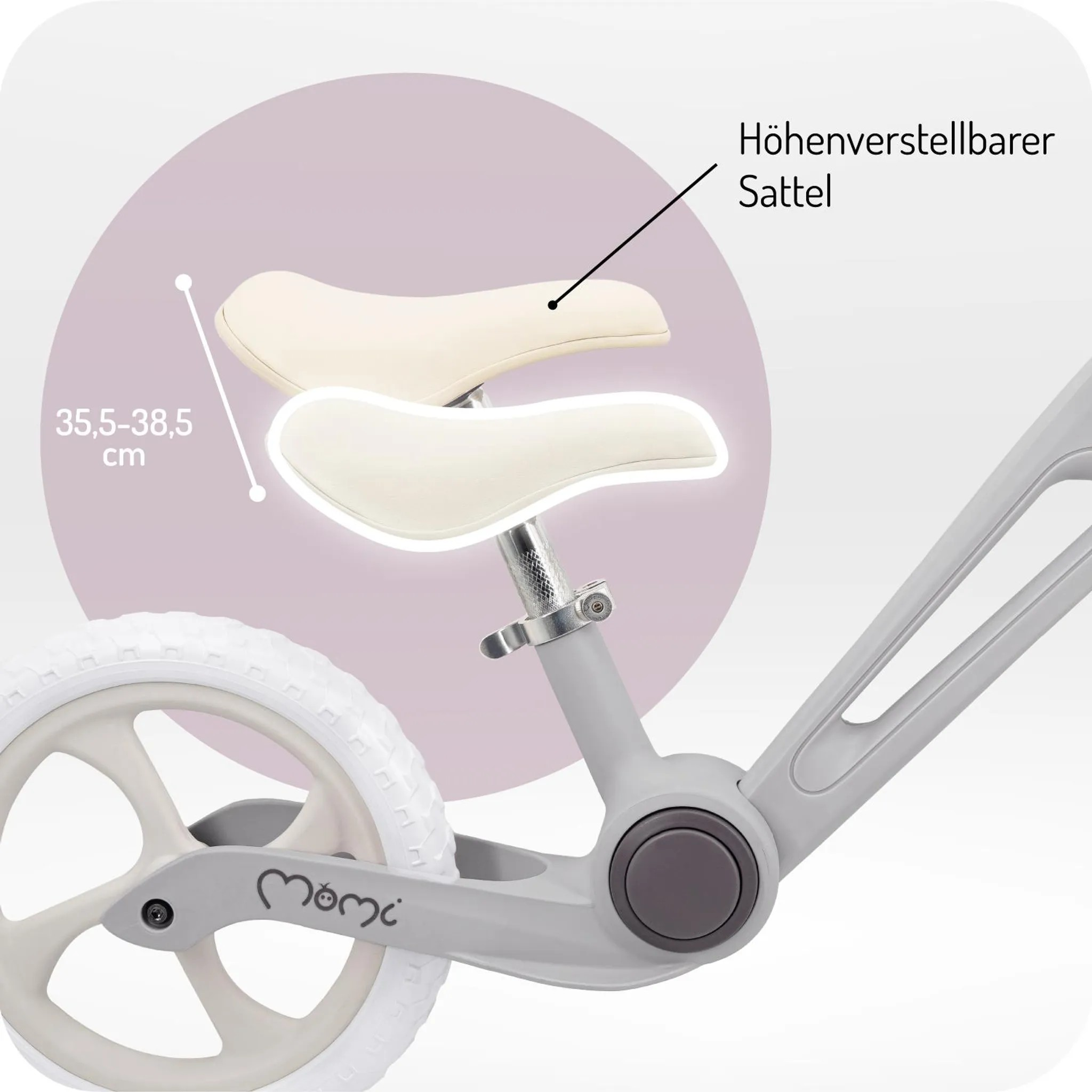 Ein Teil eines grauen Laufrads mit weißem Reifen und ein höhenverstellbarer, cremefarbener Sattel.