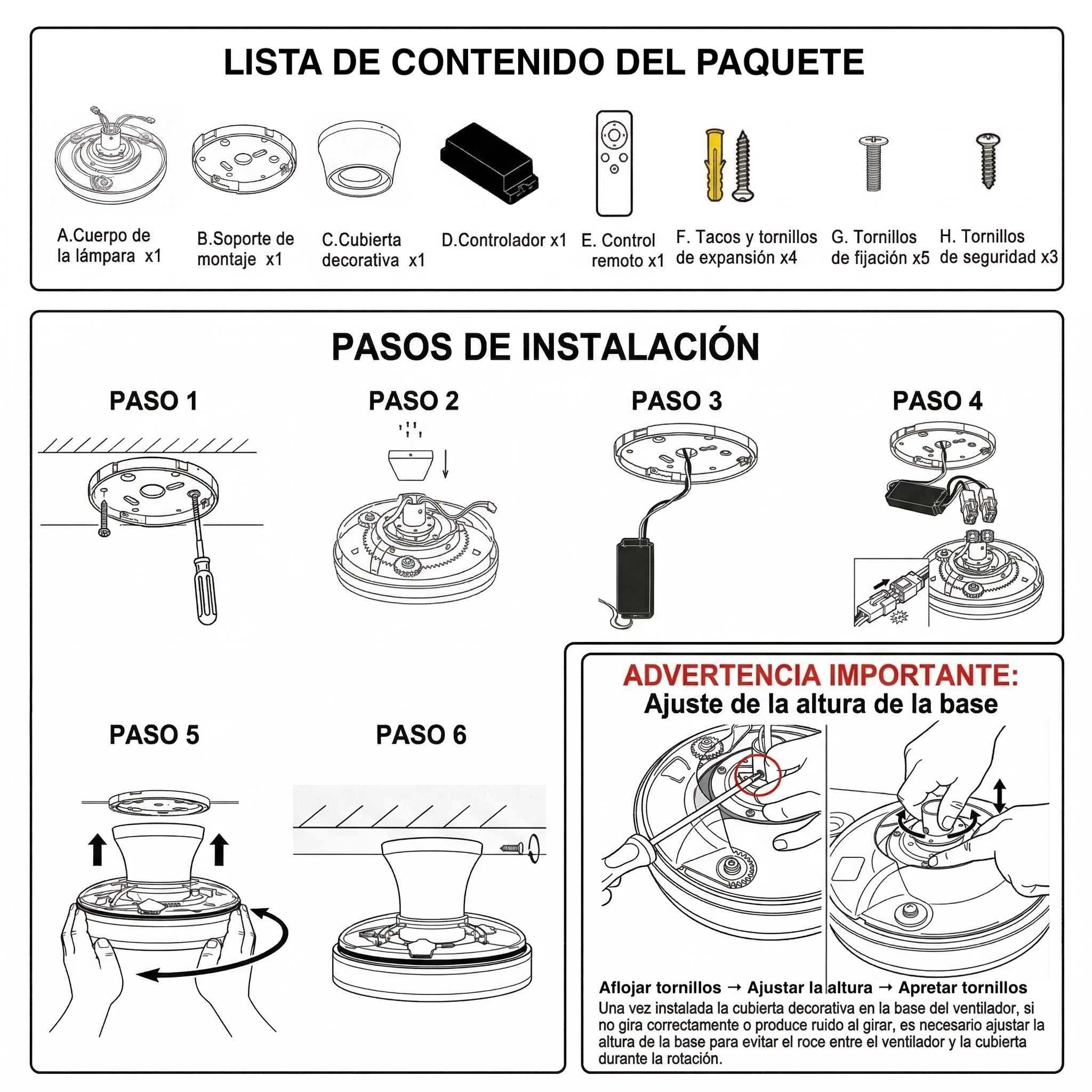Guía de instalación de lámpara con lista de partes y seis pasos.