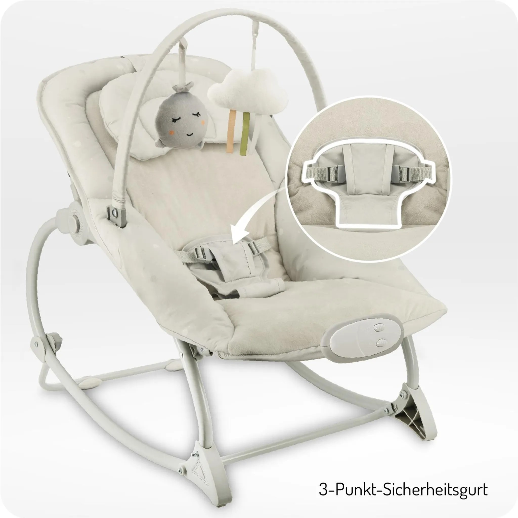 Ein beiger Babyschaukelsitz mit Spielzeug und 3-Punkt-Sicherheitsgurt.
