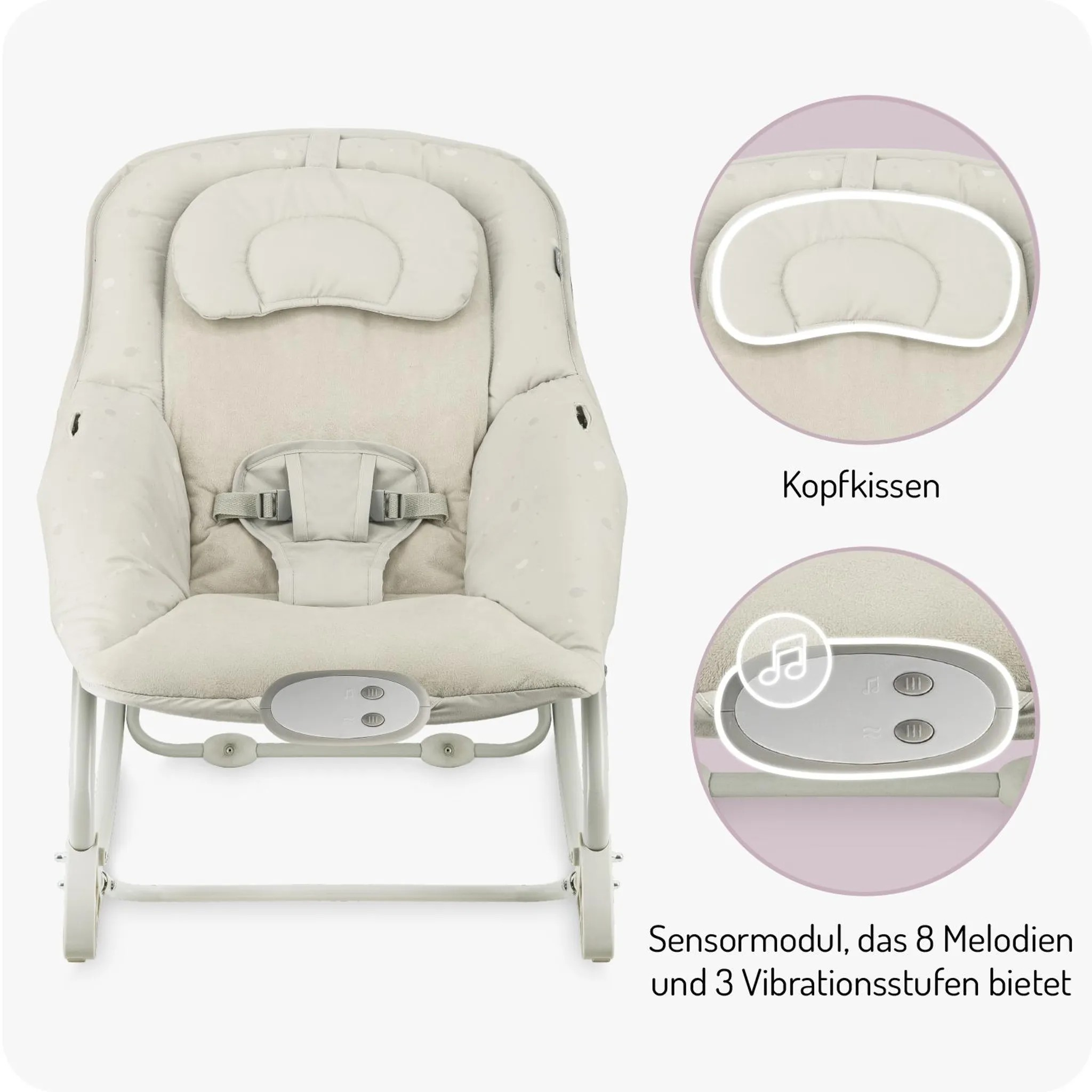 Ein Babywippen mit Kopfkissen und Steuereinheit mit Musik-Symbol.