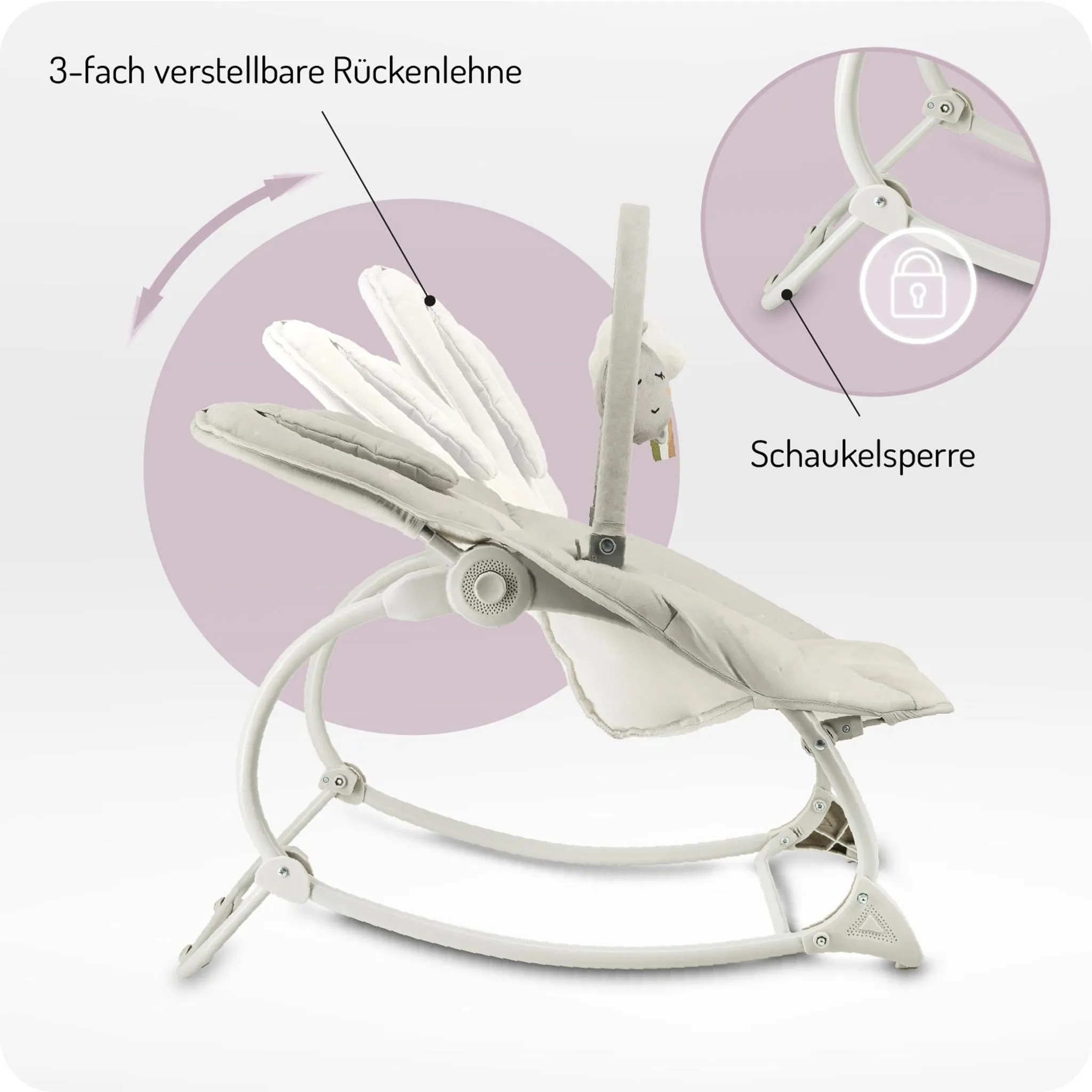 Ein weißer Babyschaukel-Sitz mit verstellbarer Rückenlehne und Schaukelsperre.