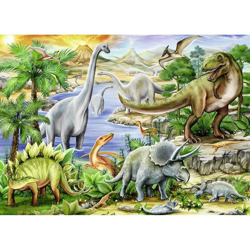 Dinosauri in un paesaggio preistorico con palme, un fiume e vulcani.
