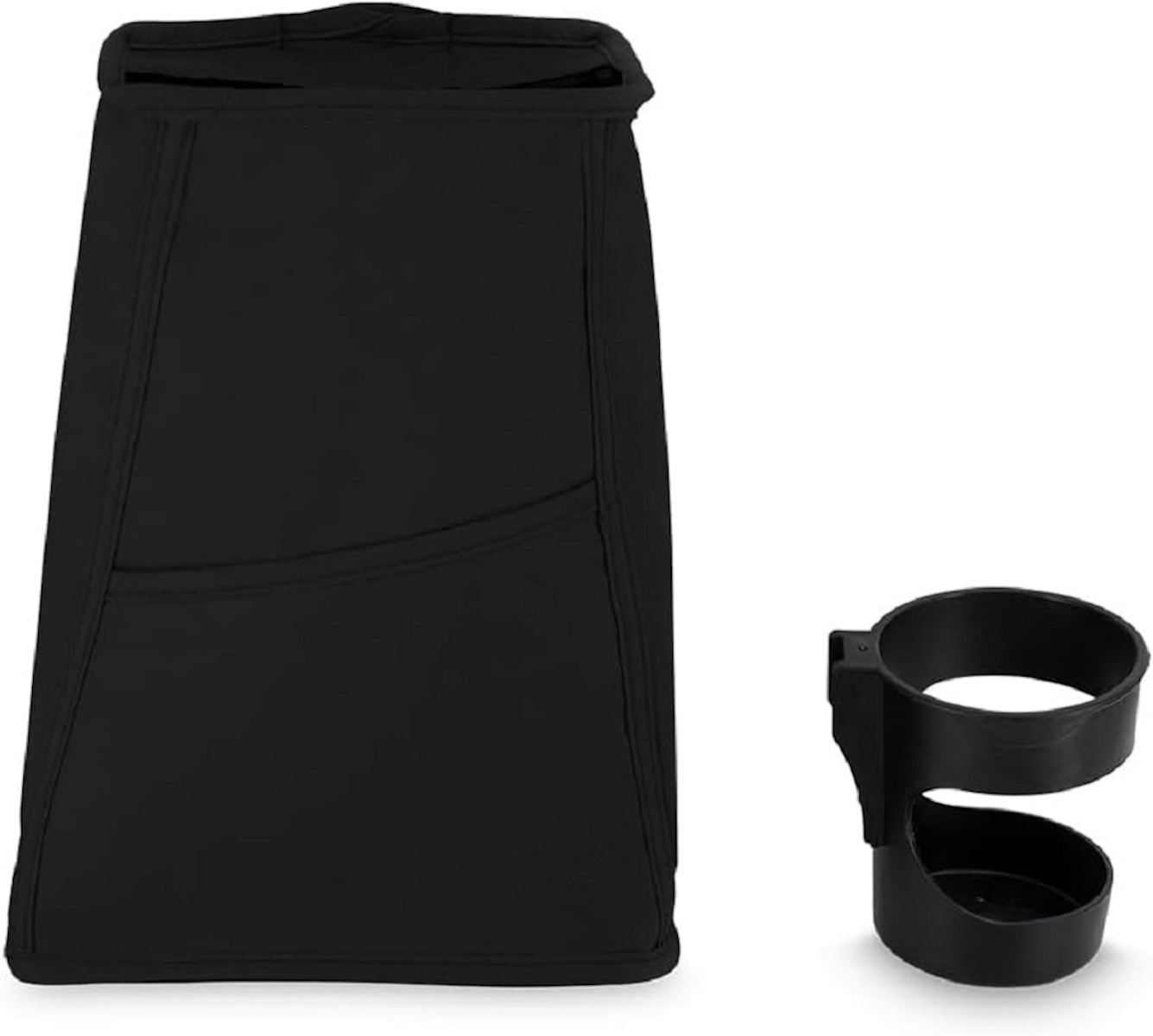 Schwarze Aufbewahrungstasche mit Fronttasche und ein schwarzer Becherhalter.